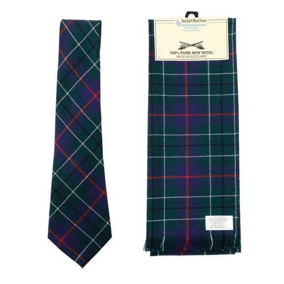NWT INGLES BUCHAN Scarf + Tie Set Tartan 100% Wool Made in Scotland Green Blue - Picture 1 of 3